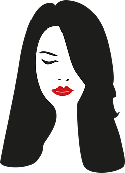 A Woman With Long Black Hair And Red Lips
