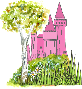 A Tree And Castle With Grass And Flowers