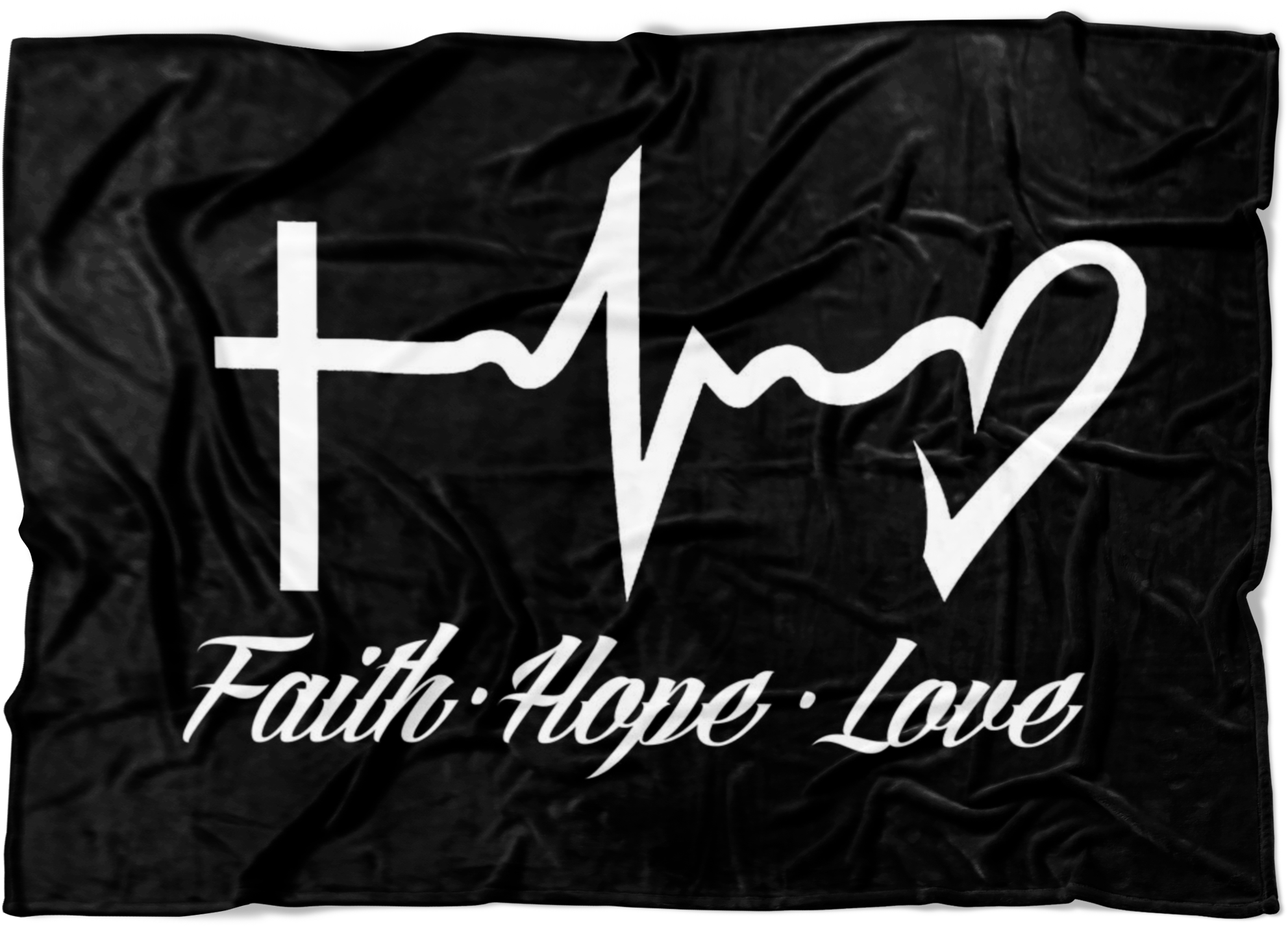 A Black Blanket With White Text And A Cross And Heart
