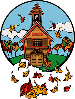A School Building With A Bell Tower And Fall Leaves Flying In The Air