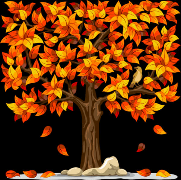 A Tree With Orange Leaves And A Bird On It