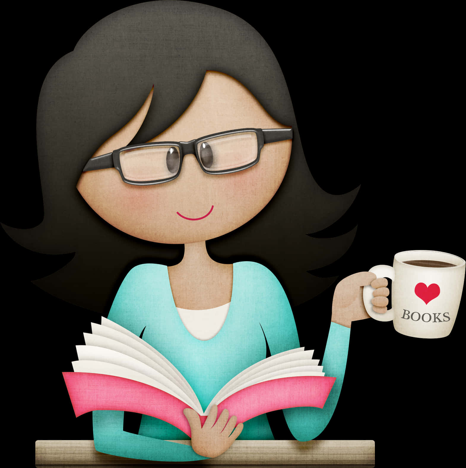 A Cartoon Of A Woman Holding A Book And A Cup Of Coffee