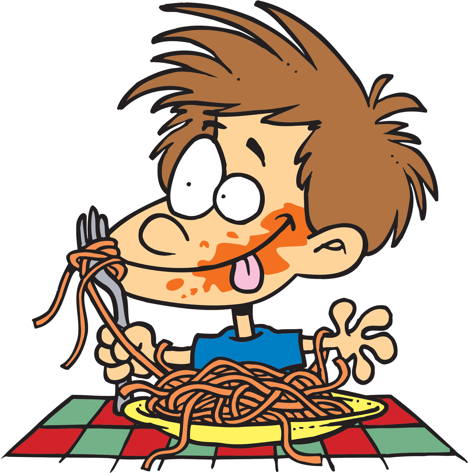 A Cartoon Of A Boy Eating Spaghetti
