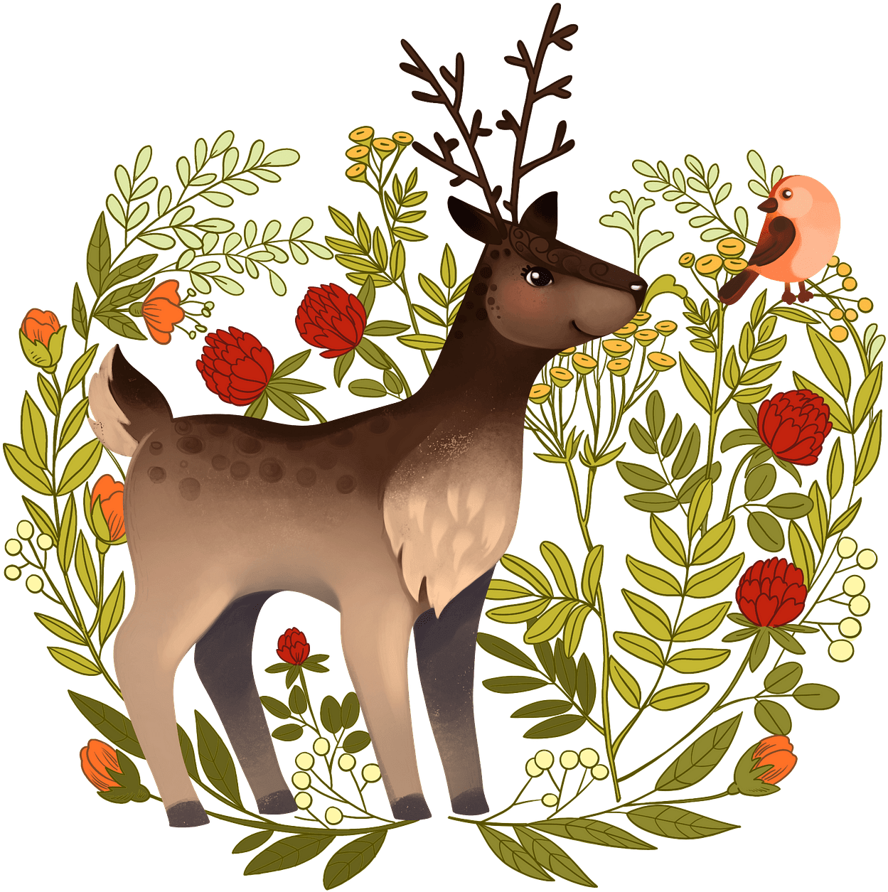 A Cartoon Of A Deer And A Bird Surrounded By Flowers