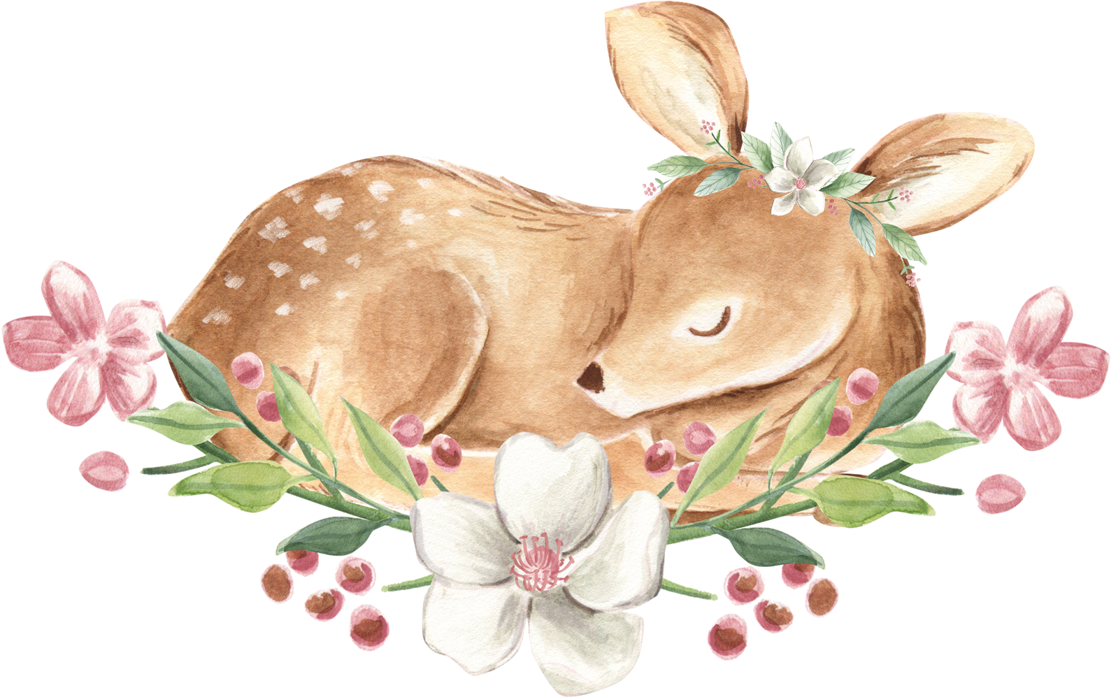 A Watercolor Of A Deer Sleeping With Flowers
