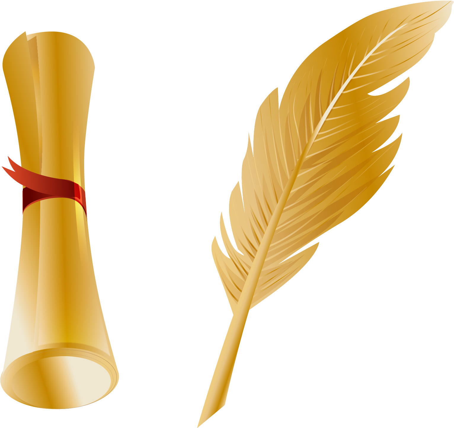 A Gold Feather And A Rolled Up Paper