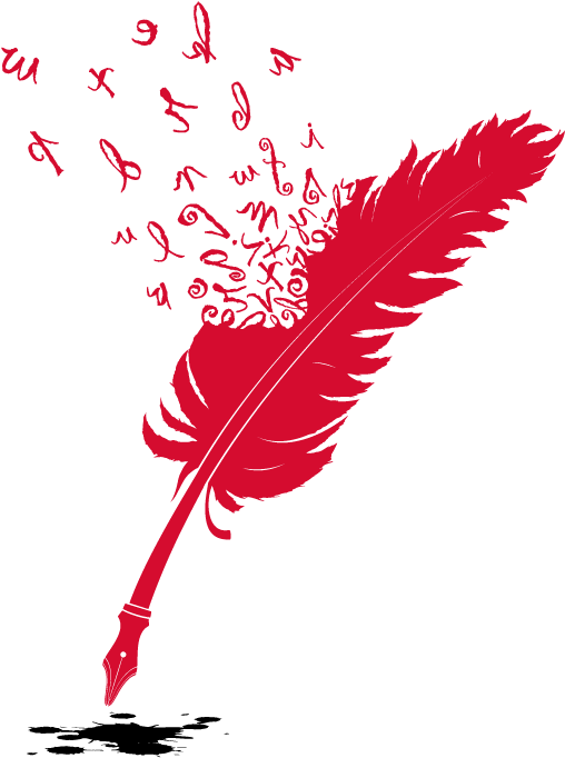A Red Quill Pen With Letters Flying Out Of It