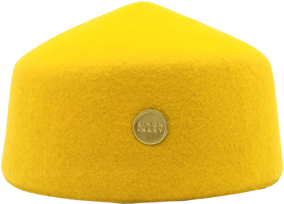 A Yellow Hat With A Round Gold Button