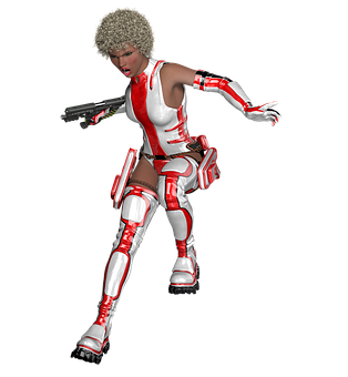 A Woman In A White And Red Outfit With A Gun
