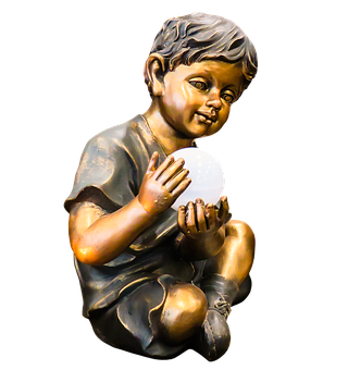 A Statue Of A Boy Holding A White Ball