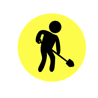 A Black And Yellow Sign With A Person Holding A Shovel