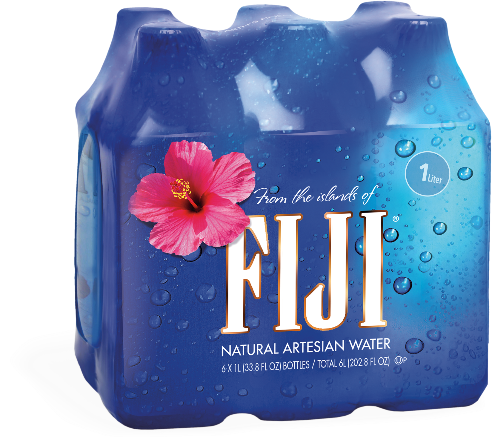 A Blue Beverage Bottle With Water Drops And A Pink Flower
