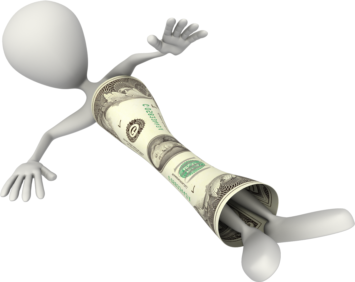 A White Cartoon Character With One Dollar Bill Rolled Up In A Tube