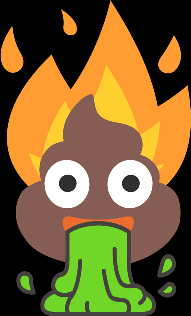 A Cartoon Of A Poop With Flames And A Green Object