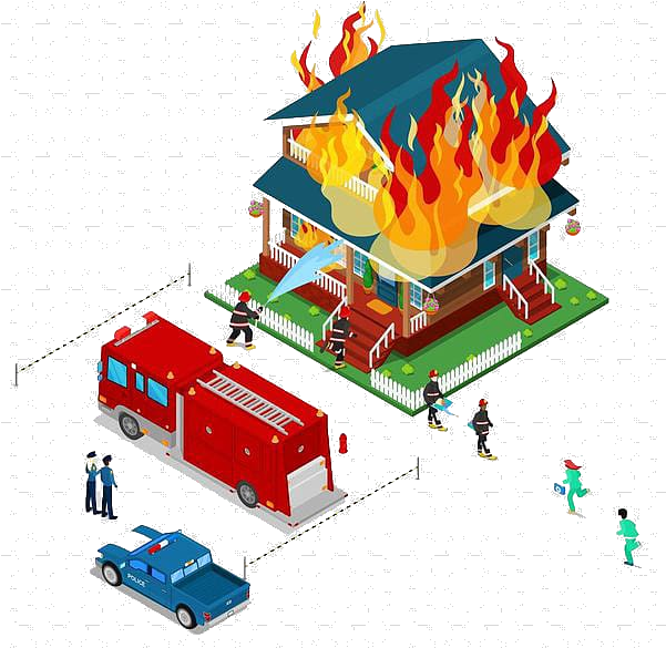 A House On Fire With Cars And People Walking