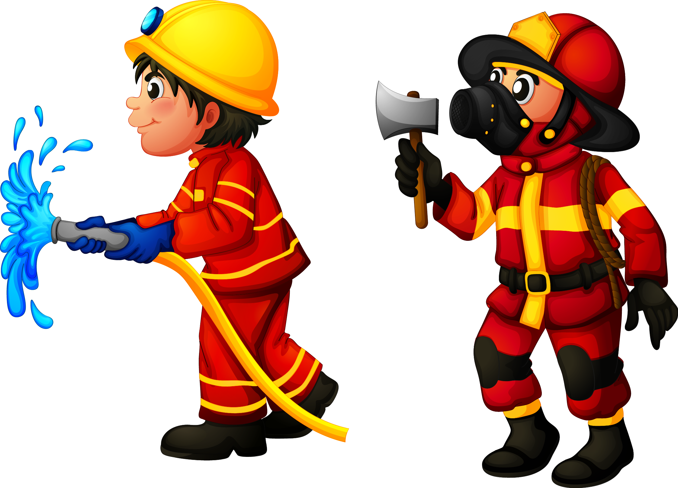 A Couple Of Firemen In Red And Yellow Uniforms