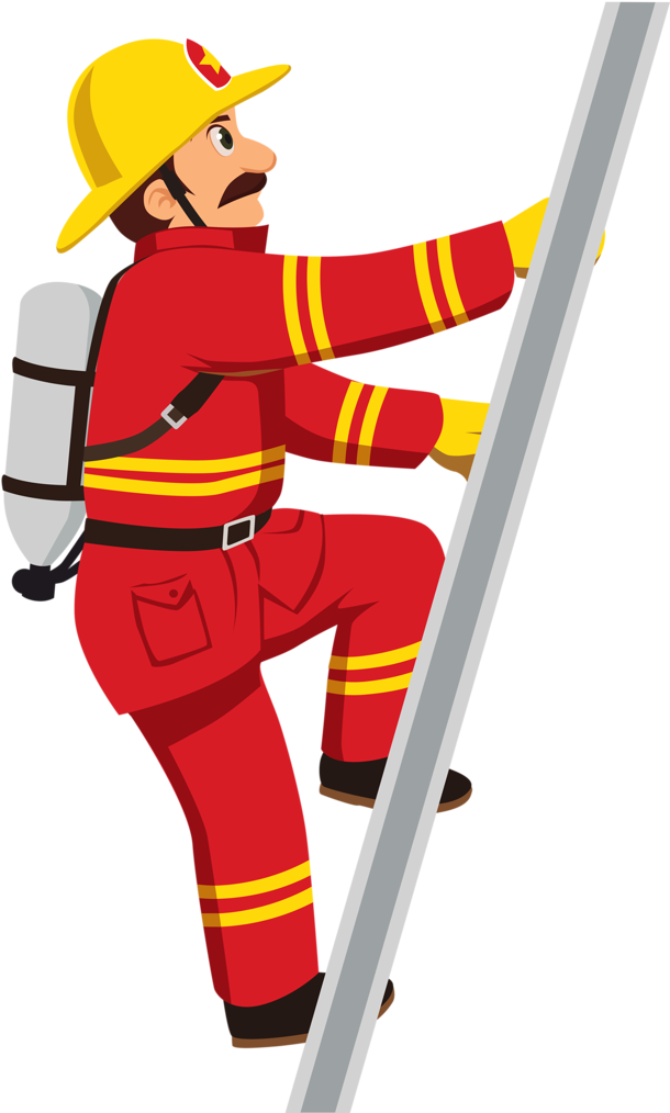 A Cartoon Of A Firefighter Climbing A Ladder
