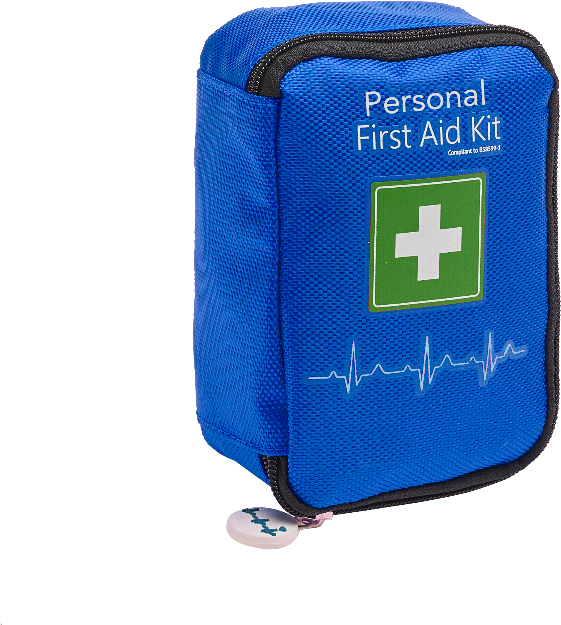 A Blue First Aid Kit With A White Button