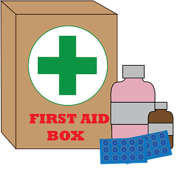 A First Aid Kit With A Green Cross And Bottles Of Pills