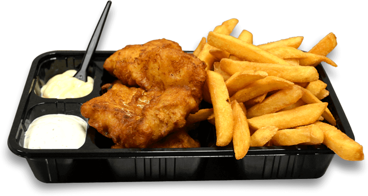 A Black Tray With Fried Food And French Fries