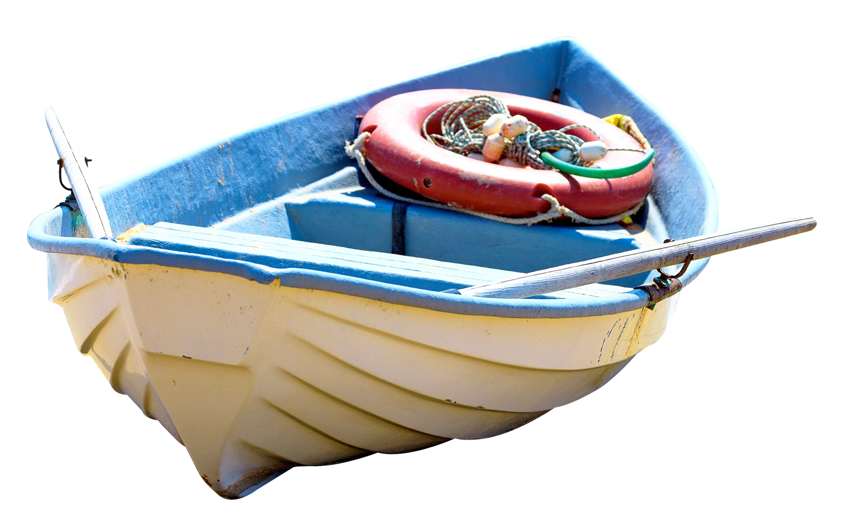 A Blue And White Boat With A Red Life Preserver