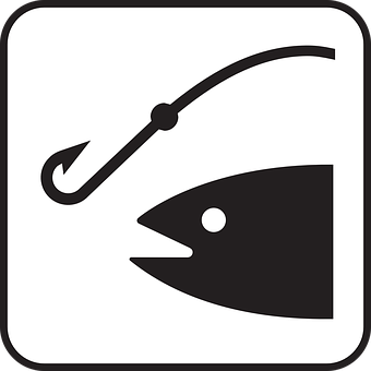 A Black And White Sign With A Fish And A Hook