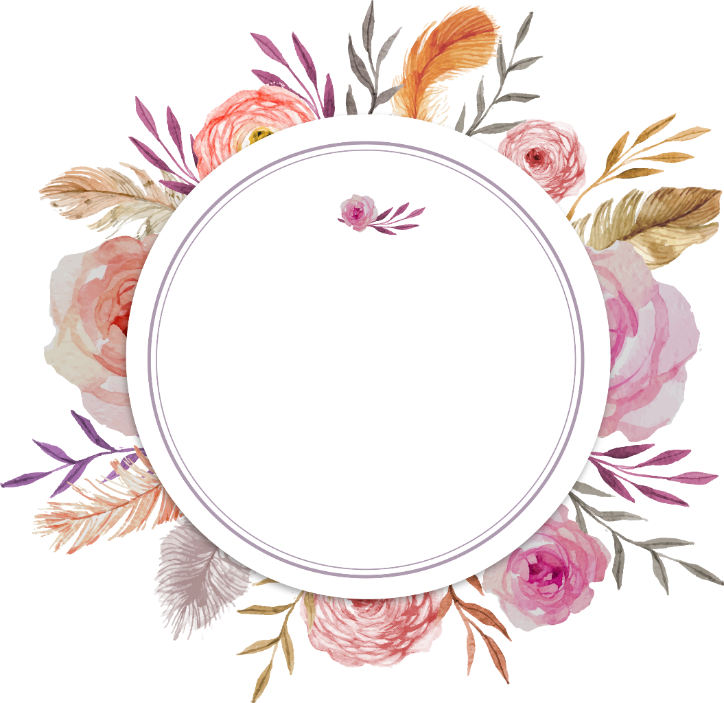 A White Circle With Pink Flowers And Feathers Around It