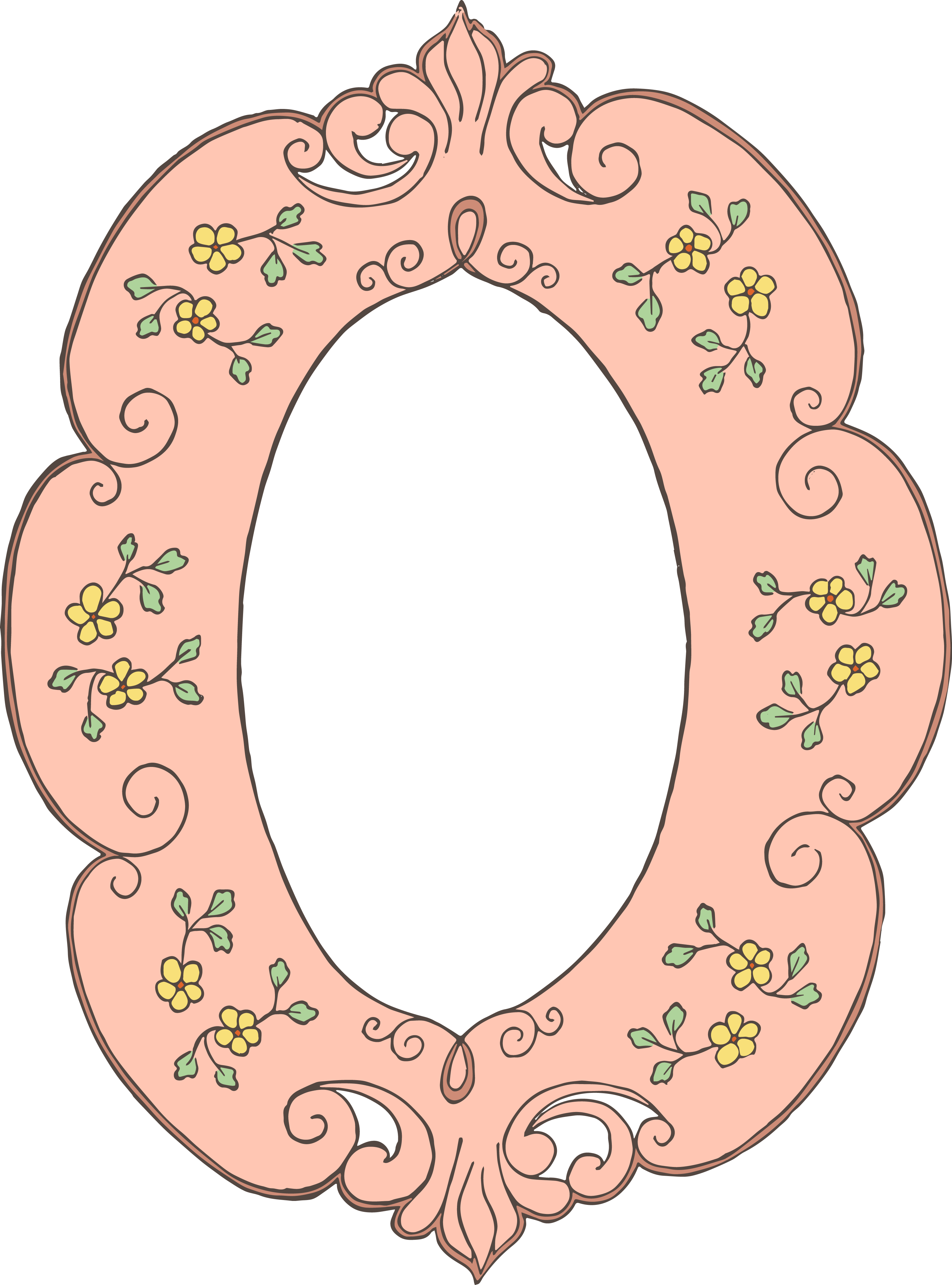 A Pink Oval Frame With Yellow Flowers And Swirls