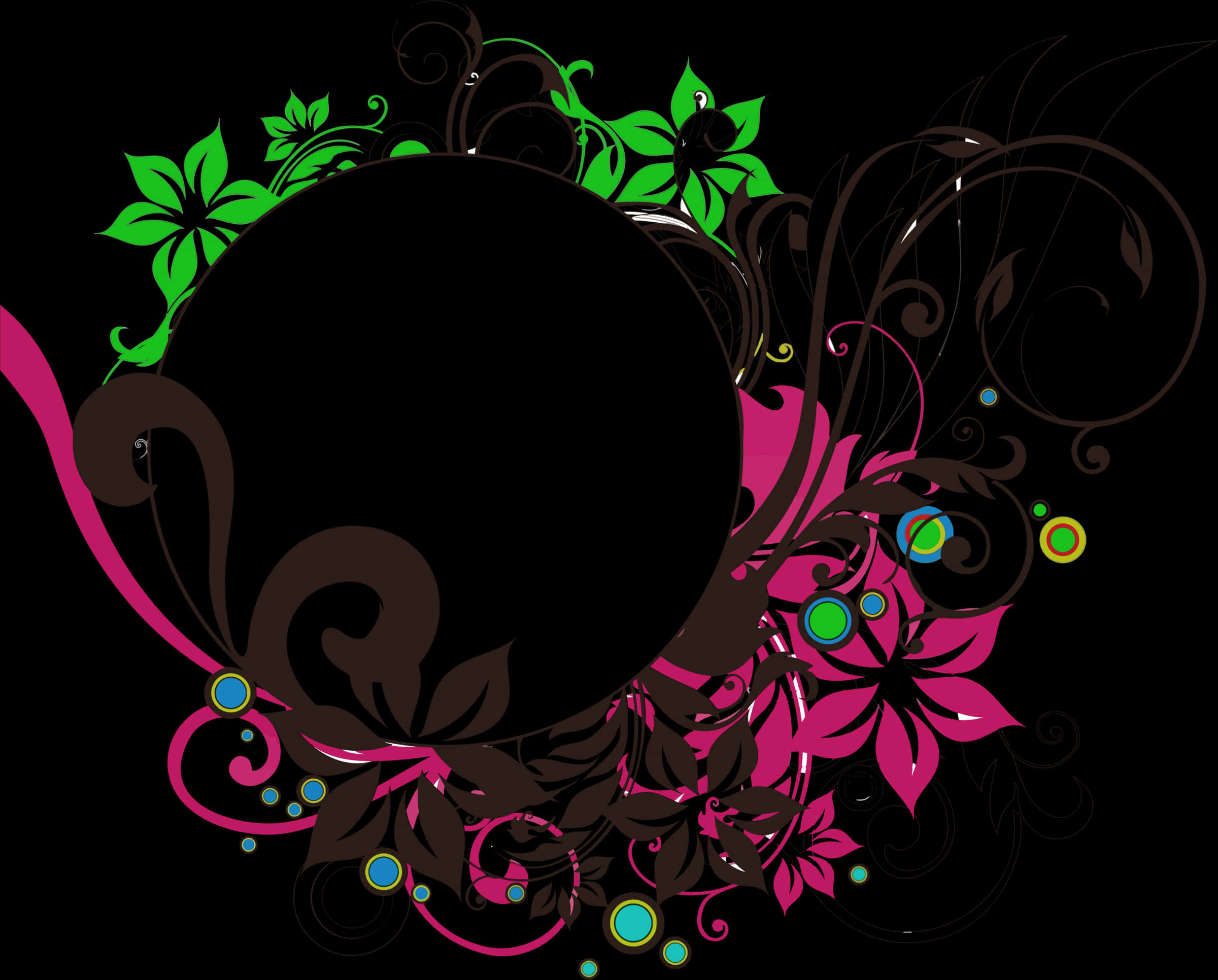A Black Circle With Pink And Green Leaves