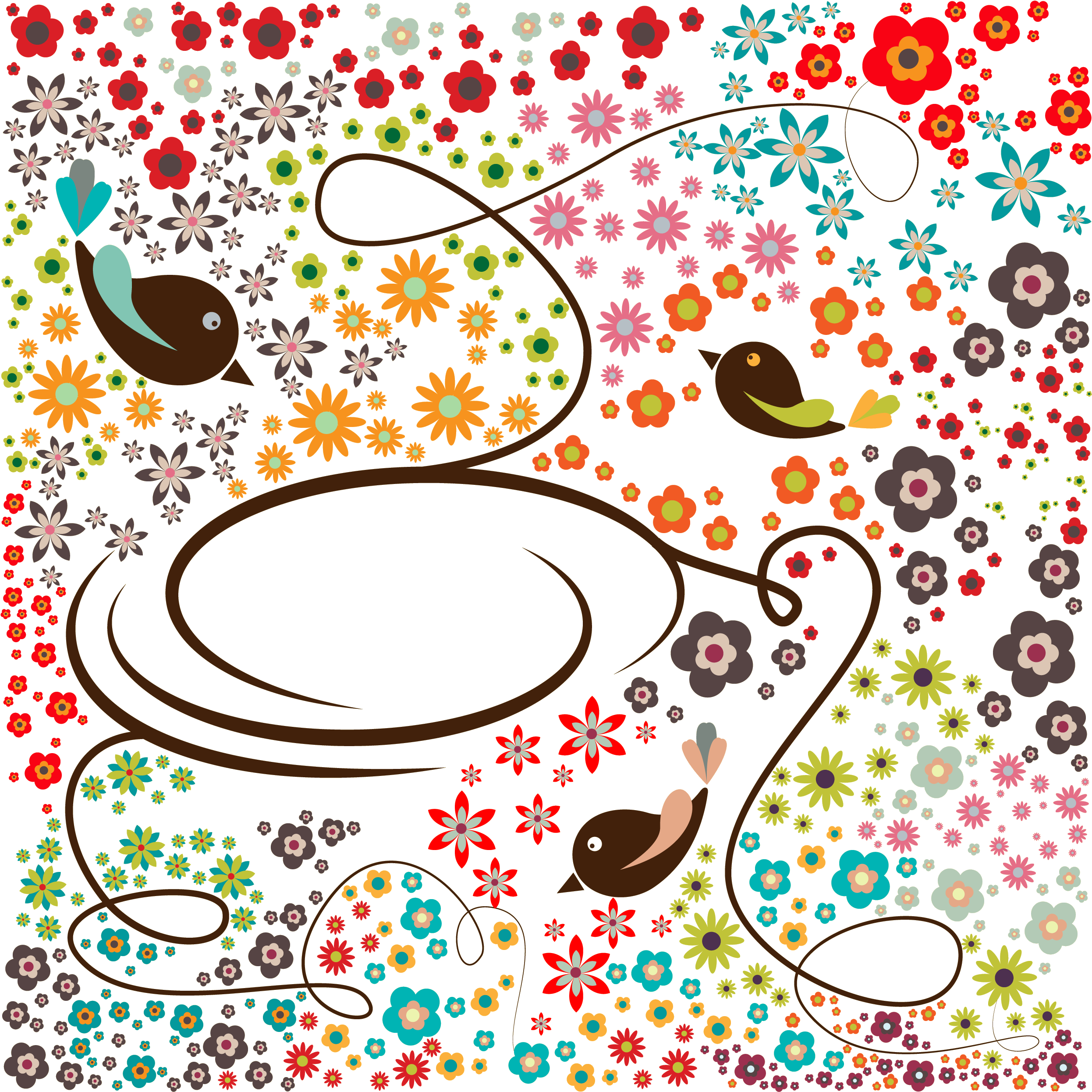 A Colorful Floral Pattern With Birds And Flowers