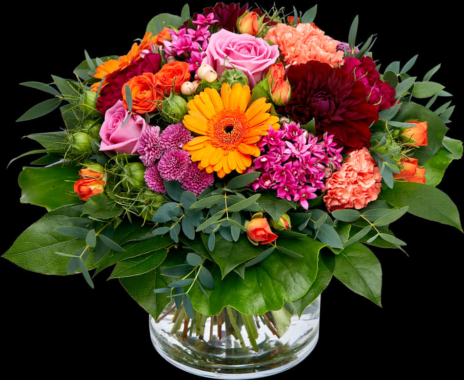 A Bouquet Of Flowers In A Glass Vase