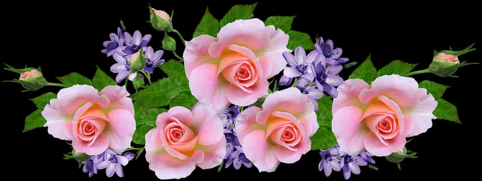 A Group Of Pink Roses And Purple Flowers