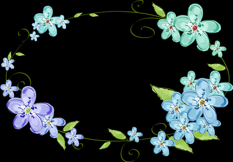A Blue And Purple Flowers On A Black Background