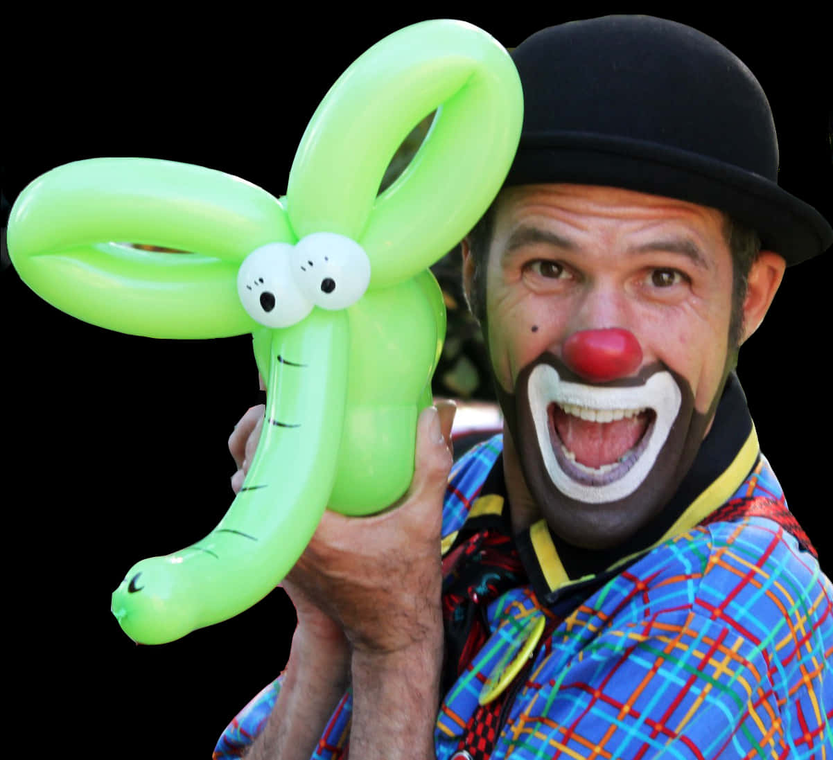 A Man With A Clown Face And Balloon Elephant