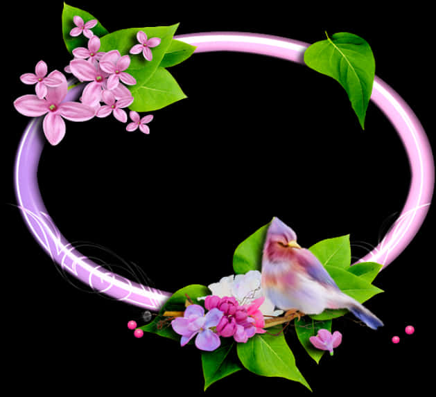 A Purple Oval Frame With Flowers And A Bird
