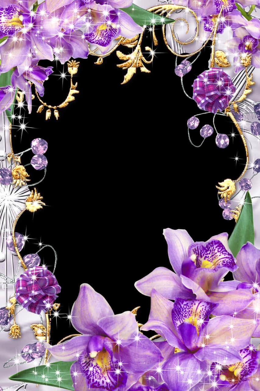 A Purple Flowers And Gems On A Black Background