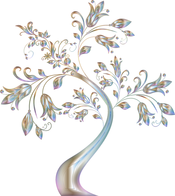 A Silver And Gold Tree With Leaves And Flowers