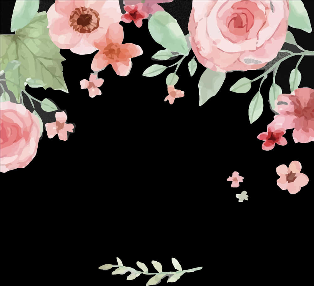 A Pink Flowers And Green Leaves On A Black Background