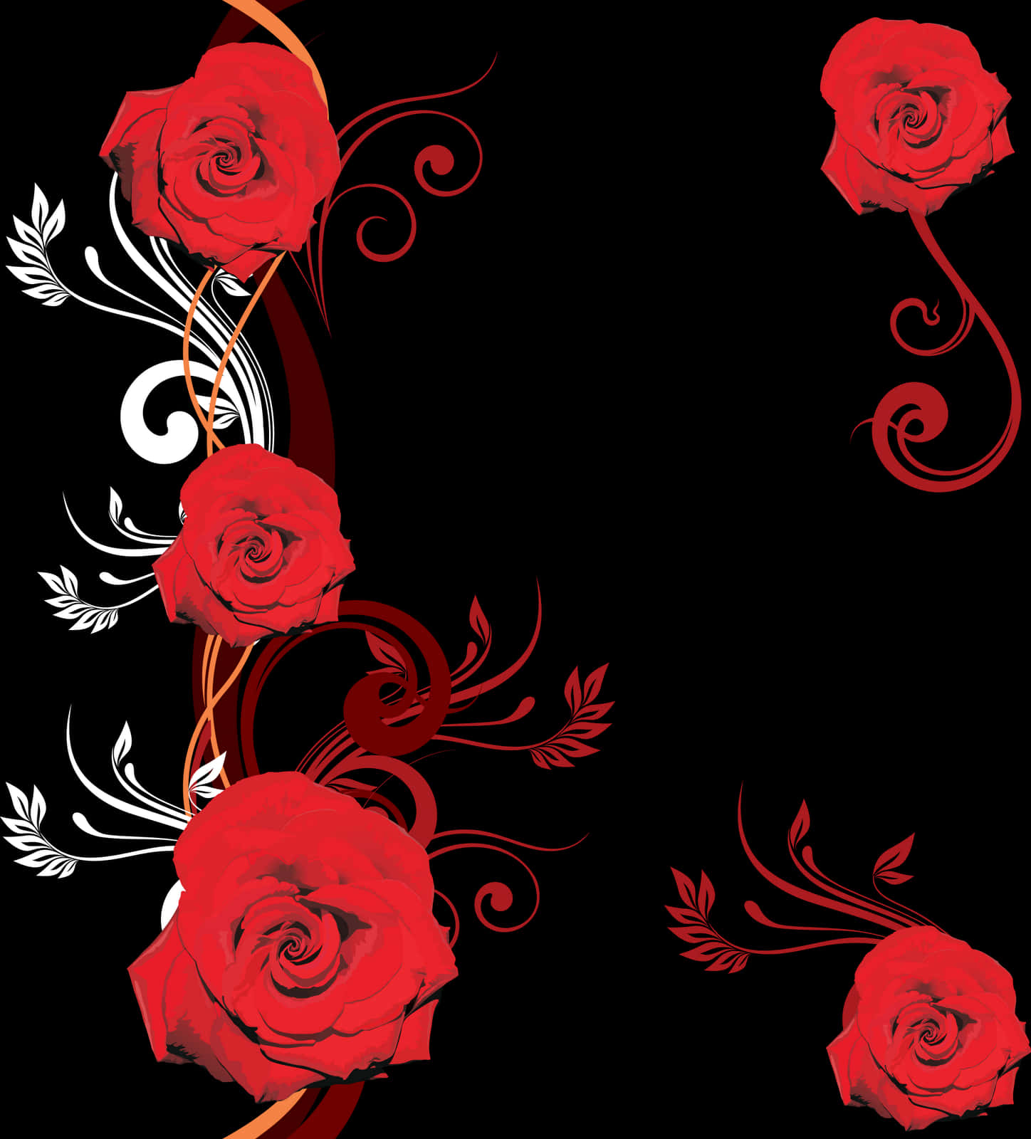 A Black Background With Red Roses And White Swirls