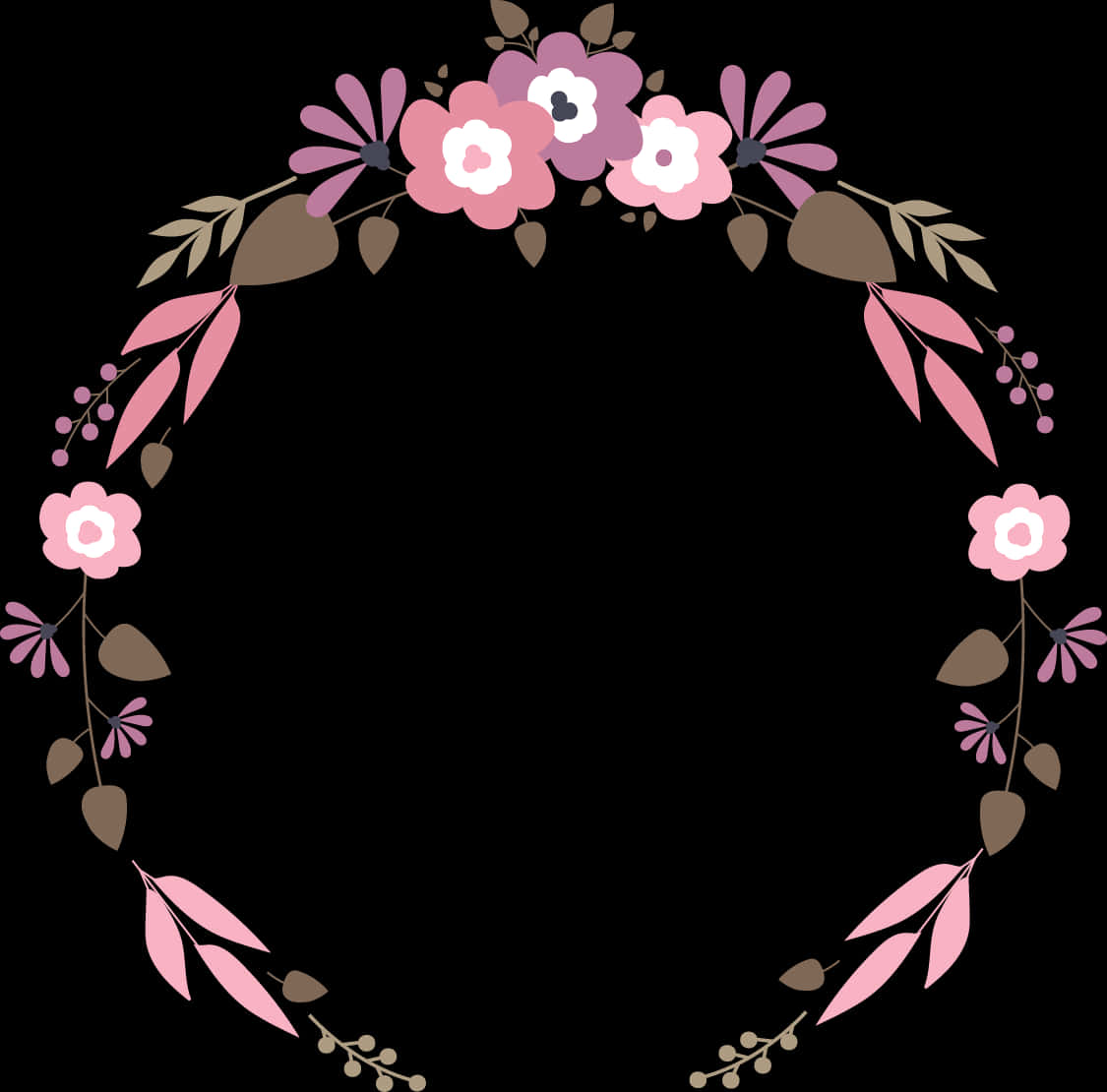 A Circular Floral Frame With Pink Flowers And Leaves