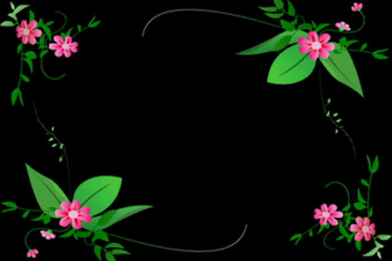 A Black Background With Pink Flowers And Green Leaves