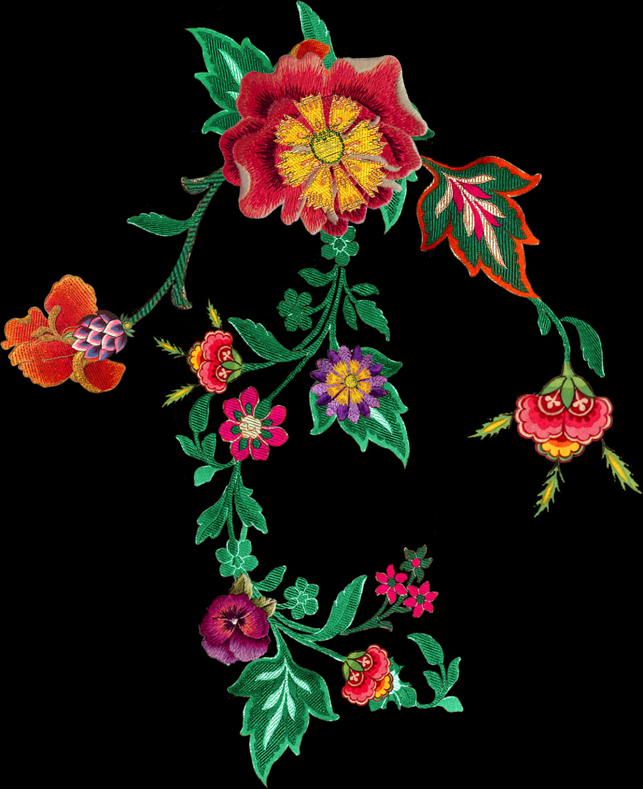 A Colorful Flower Embroidery On A Black Background