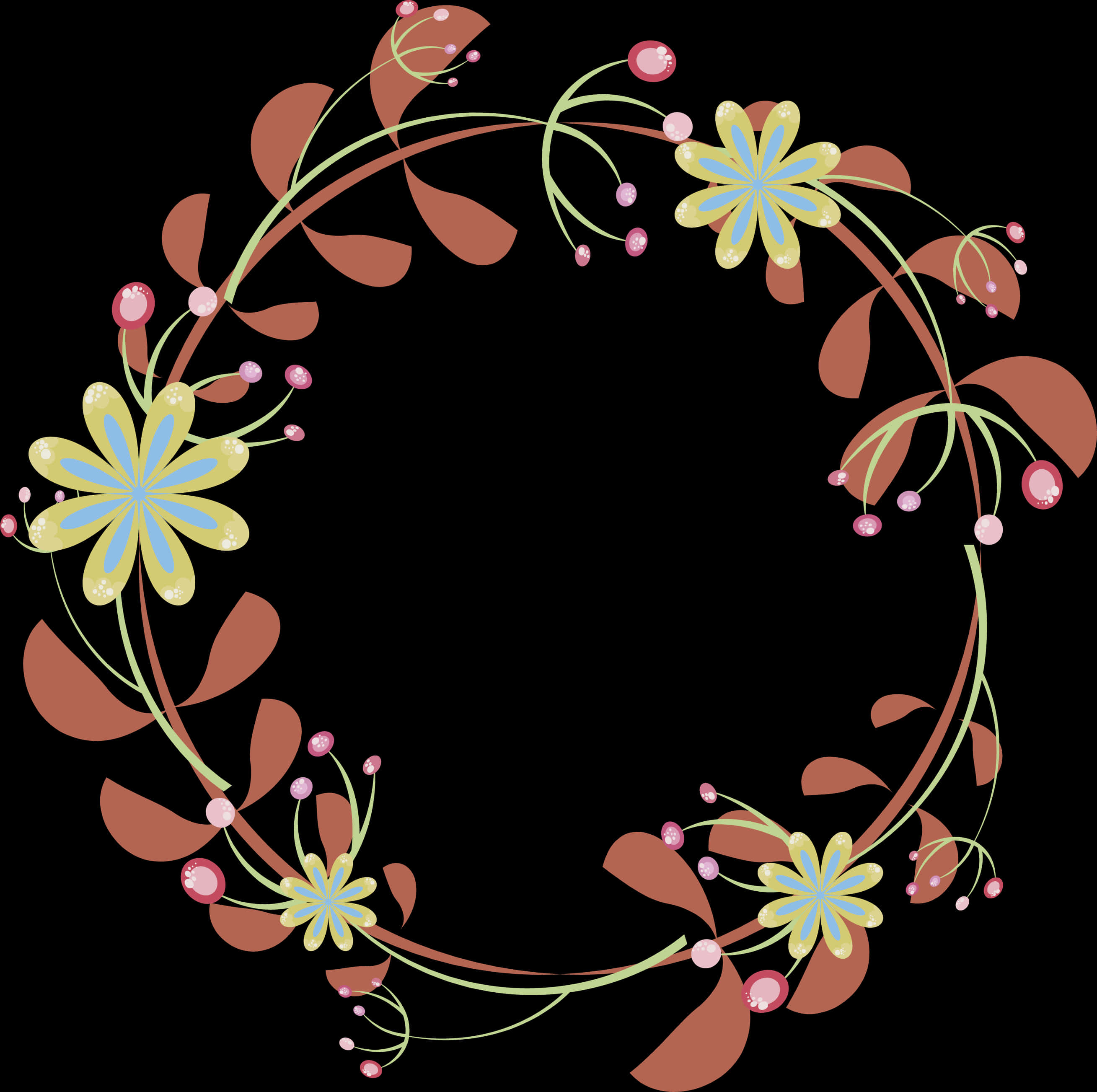 A Circular Floral Wreath With Flowers And Leaves