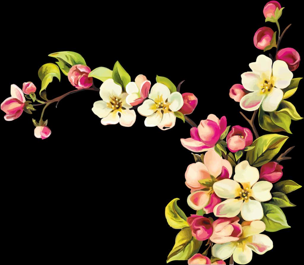 A Branch Of Flowers On A Black Background