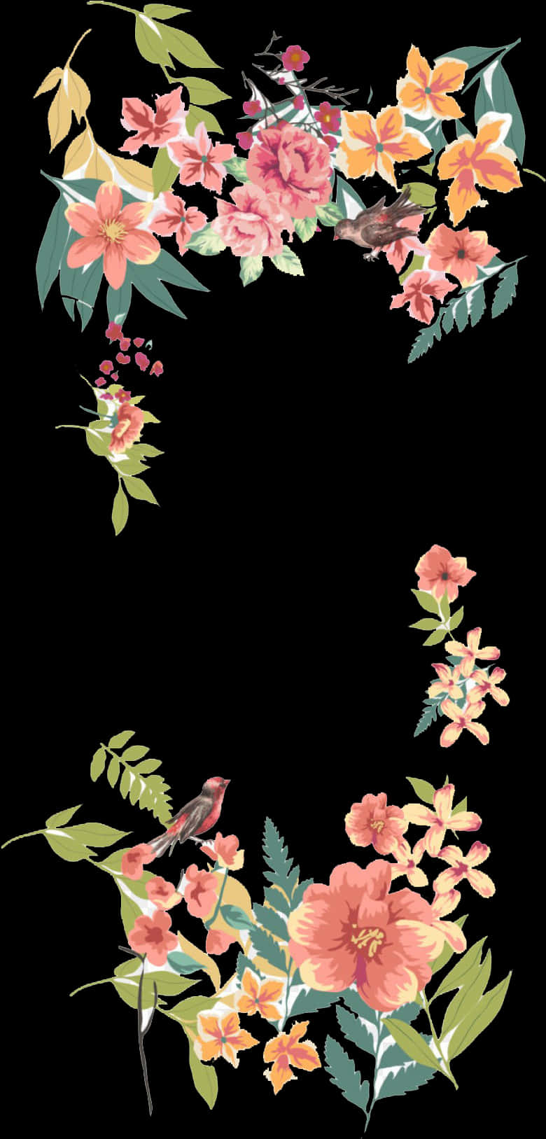 A Black Background With Flowers And Birds