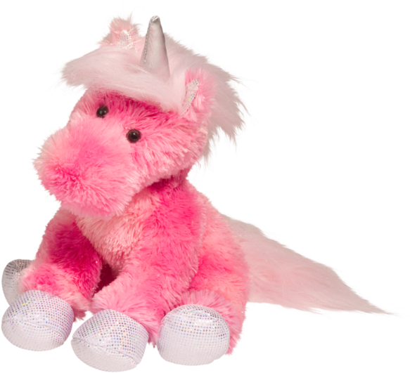 A Pink Stuffed Animal With A Silver Horn And White Shoes