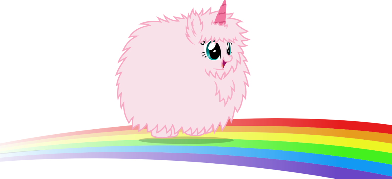 A Cartoon Of A Fluffy Pink Animal With A Unicorn Horn On A Rainbow