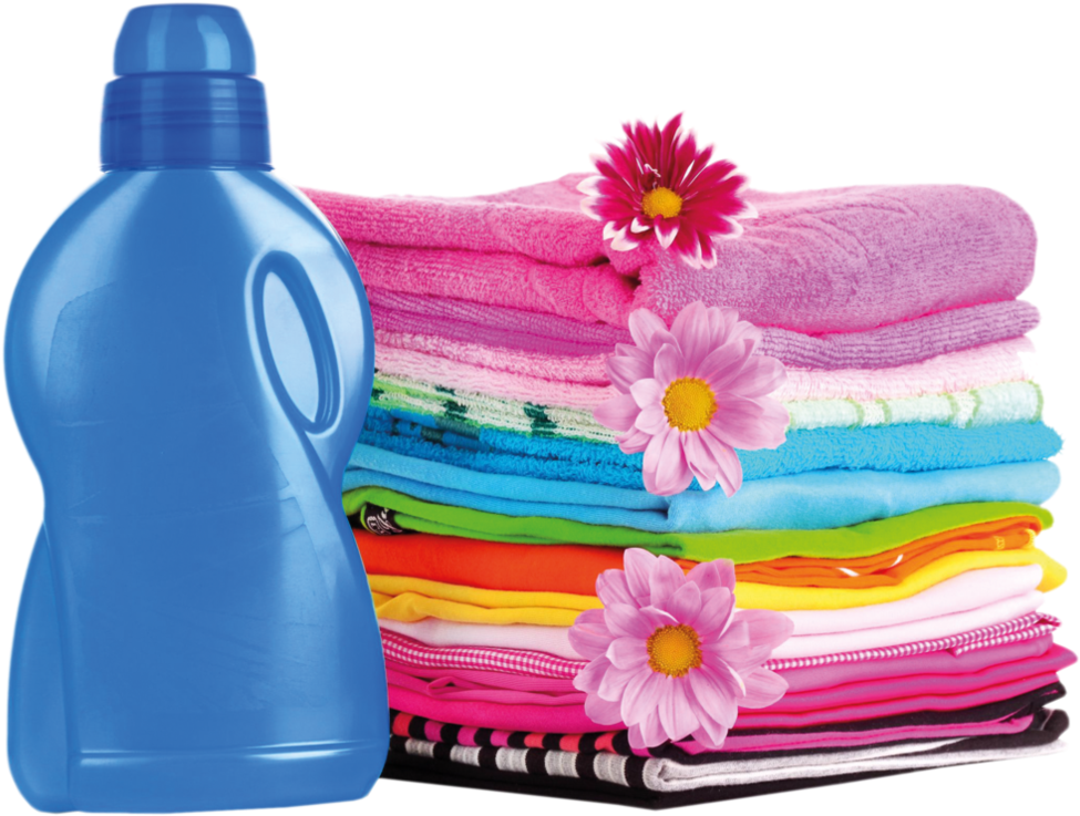 A Blue Bottle Of Laundry Detergent Next To A Stack Of Towels