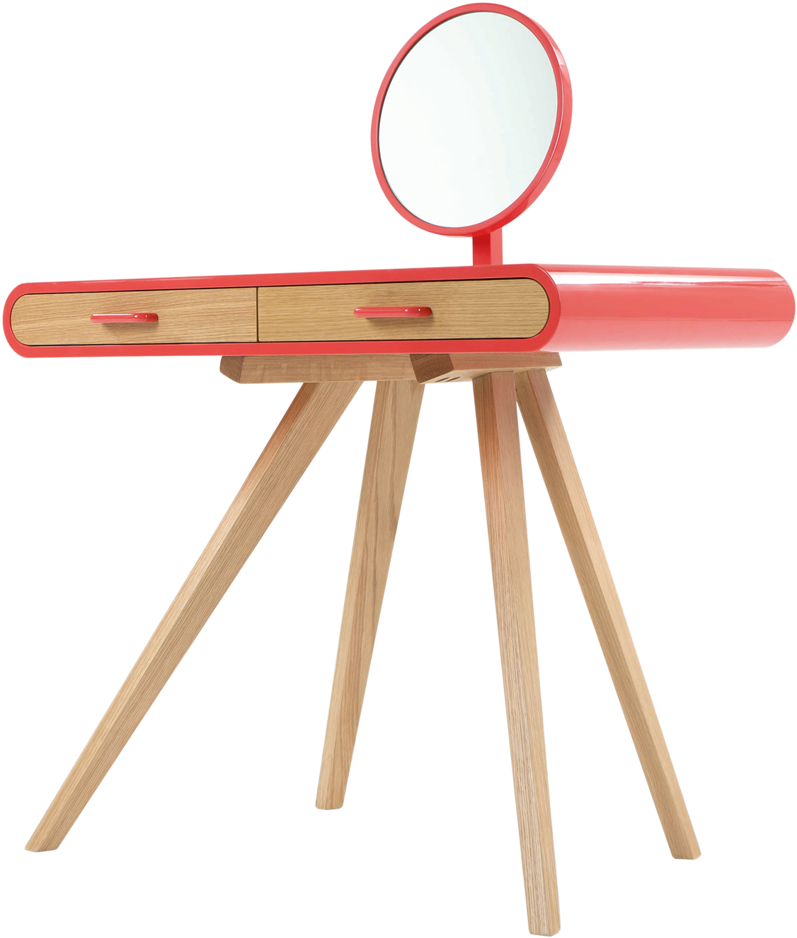 A Red And Wooden Table With A Mirror