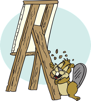 A Cartoon Of A Squirrel Climbing A Wooden Easel